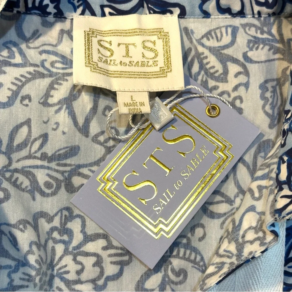 NWT SAIL TO SABLE 100% Cotton Blue & White Tunic Midi Kaftan Dress Size L - Picture 3 of 16